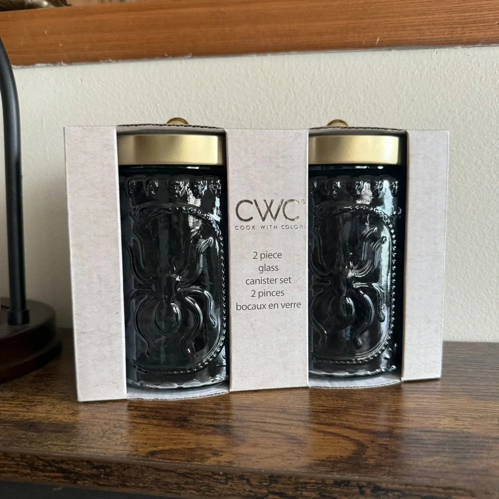 CWC Cook With Color Gray Glass 2 Piece Canister Set -Embossed Halloween Spider